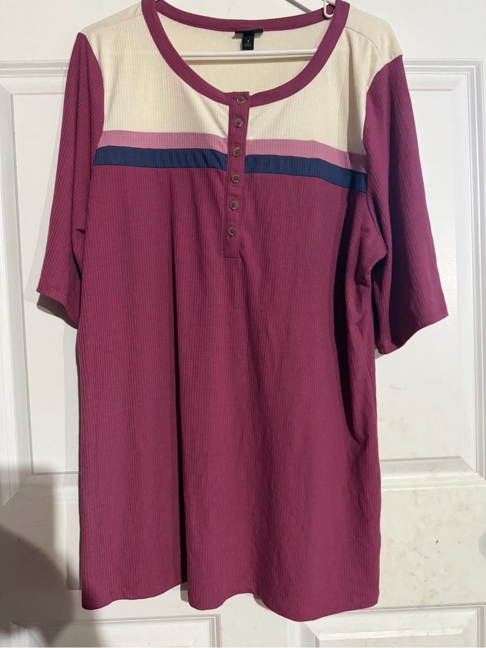 torrid Plum Short-Sleeve Henley with Cream, Navy & Pink Stripes